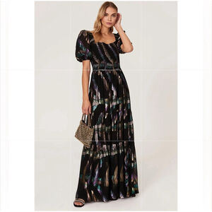 Shoshanna Black Maxi Dress with Iridescent Metallic Brushstroke Accents